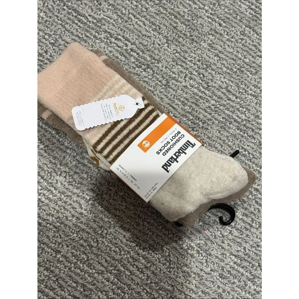 Timberland Neutral Tone Crew Socks with Pink and Brown Accents